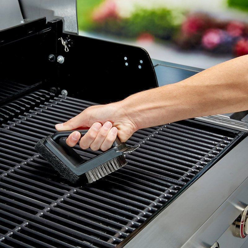 Mr. BAR-B-Q 60319Y Dual Head Grill Brush Scrub Pad and Scraper, Stainless Steel Bristle, Thermoplastic Rubber Handle