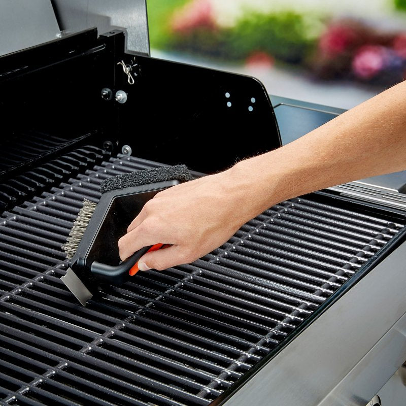 Mr. BAR-B-Q 60319Y Dual Head Grill Brush Scrub Pad and Scraper, Stainless Steel Bristle, Thermoplastic Rubber Handle