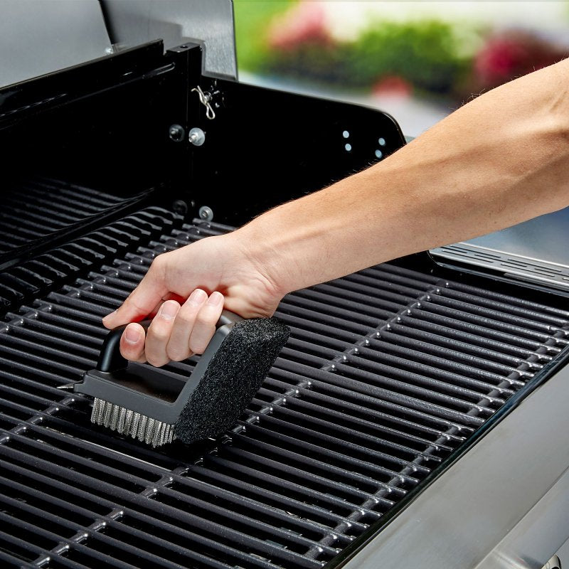 Mr. BAR-B-Q 60319Y Dual Head Grill Brush Scrub Pad and Scraper, Stainless Steel Bristle, Thermoplastic Rubber Handle