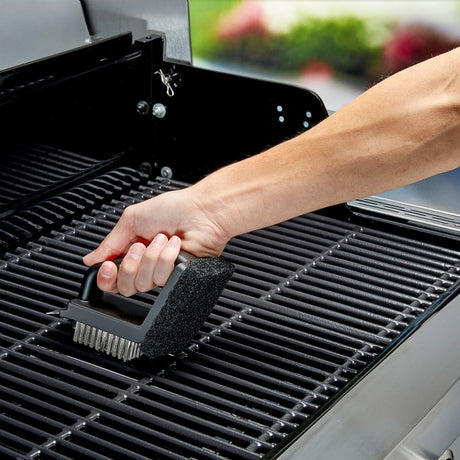 Mr. BAR-B-Q 60319Y Dual Head Grill Brush Scrub Pad and Scraper, Stainless Steel Bristle, Thermoplastic Rubber Handle