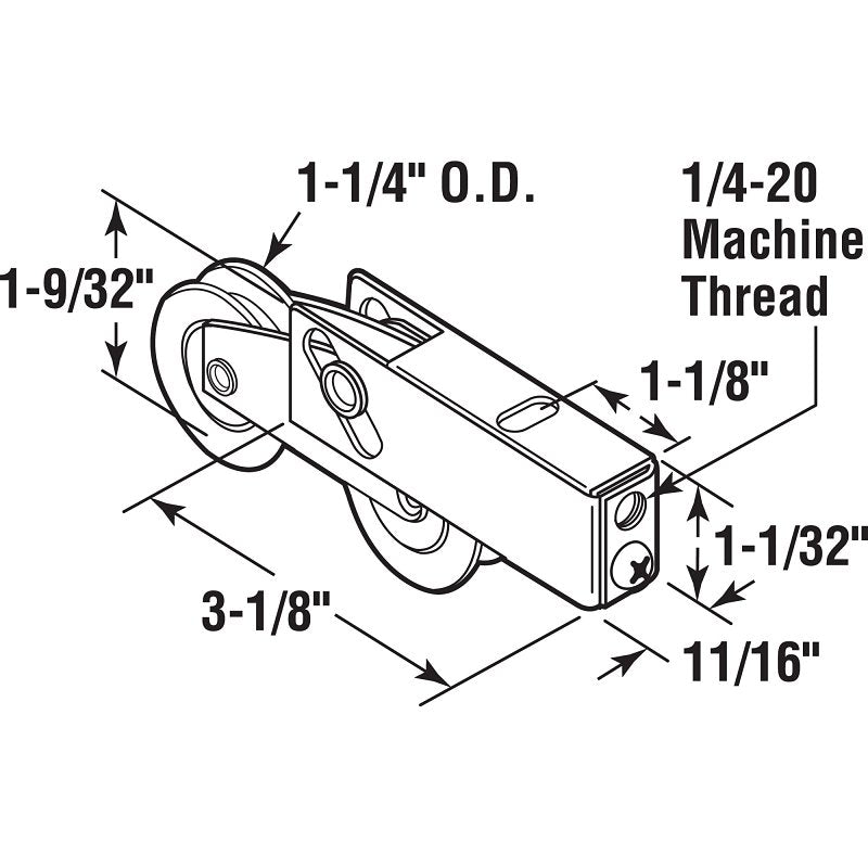Prime-Line D 1735 Roller Assembly, 3-1/8 in L x 11/16 in W x 1-1/32 in H Dimensions, 1-1/4 in Dia Roller, Steel