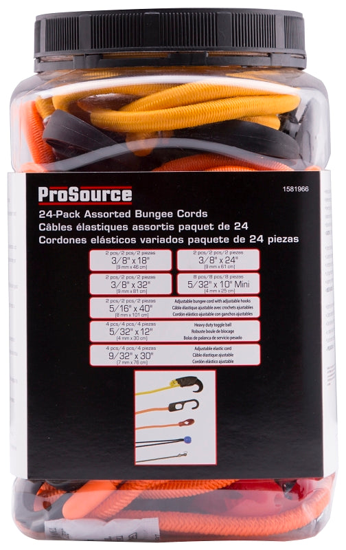 ProSource FH64076 Stretch Cord Set, Polypropylene, Black/Orange, Hook End