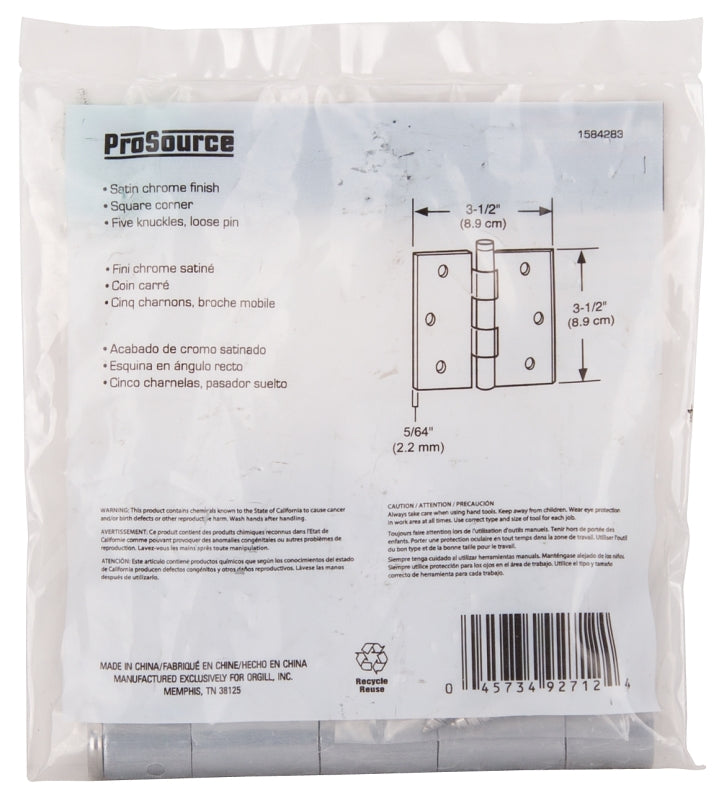 ProSource 20338SCX Square Corner Door Hinge, Steel, Satin Chrome, Loose Pin, 180 deg Range of Motion