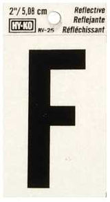 Hy-Ko RV-25/F Reflective Letter, 1-1/2 in W x 3 in H Dimensions, Character: F, 2 in H Character, Black Character, Vinyl, Pack of 10