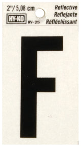 Hy-Ko RV-25/F Reflective Letter, 1-1/2 in W x 3 in H Dimensions, Character: F, 2 in H Character, Black Character, Vinyl, Pack of 10