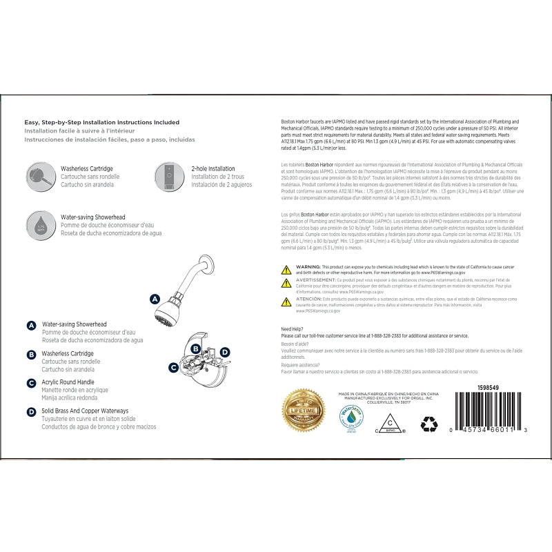 Boston Harbor GU-F1010207CP Shower Faucet, 1.75 gpm, 2.75 in Showerhead, Metal/Plastic, Round Showerhead, Knob Handle