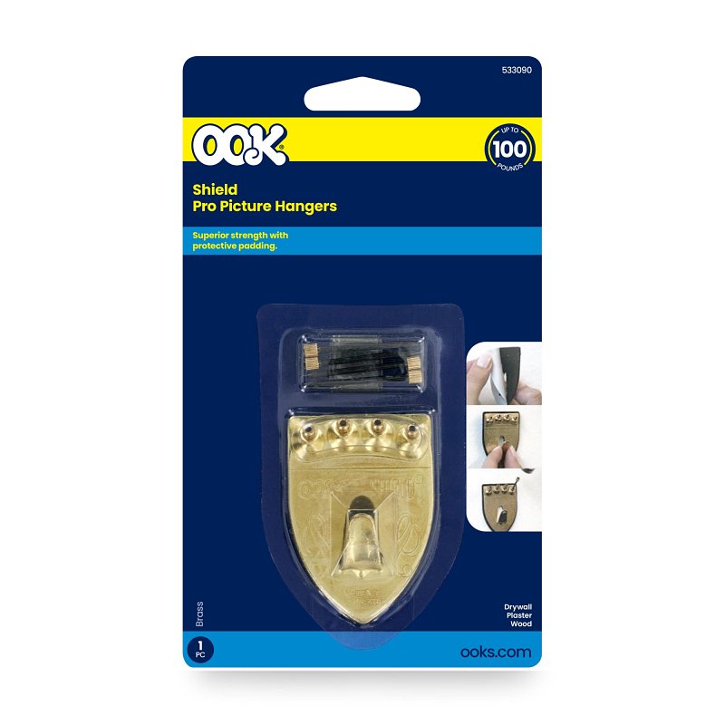 OOK 55007 Shield Hanger, 100 lb, Steel, Brass, Gold