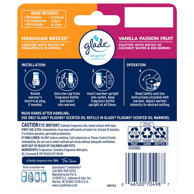 Glade Plug-Ins Vanilla Passion Fruit/Hawaiian Breeze Scent Air Freshener Refill 1.34 oz Liquid, Pack of 6