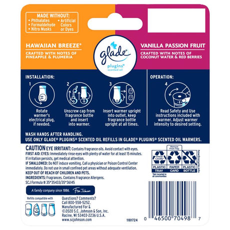 Glade Plug-Ins Vanilla Passion Fruit/Hawaiian Breeze Scent Air Freshener Refill 1.34 oz Liquid, Pack of 6