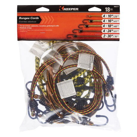 Keeper 06317 Bungee Cord Assortment, Steel End, Rubber, Hook End, 18/PK