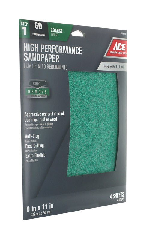 Ace 11 in. L X 9 in. W 60 Grit Aluminum Oxide Sandpaper 4 pk