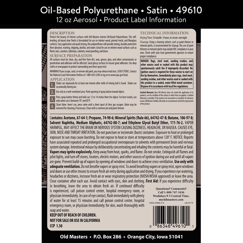 Old Masters Satin Clear Oil-Based Polyurethane Spray 12 oz, Pack of 6