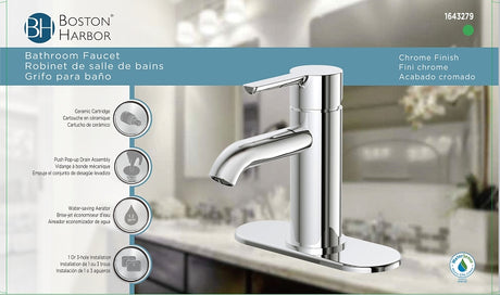 Boston Harbor FS6A0128CP Lavatory Faucet, 1.2 gpm, 1-Faucet Handle, 1, 3-Faucet Hole, Metal/Plastic, Chrome
