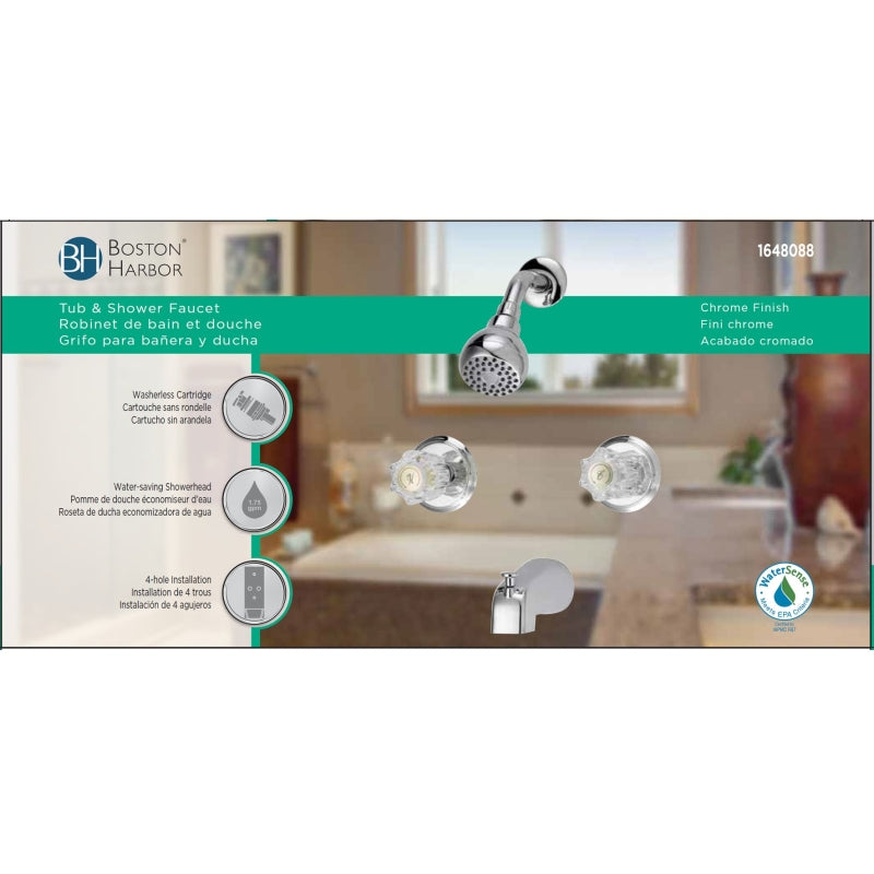 Boston Harbor GU-TQOB016CP Tub and Shower Faucet, Fixed-Mount Showerhead, 1.75 gpm Showerhead, 1-Spray Setting