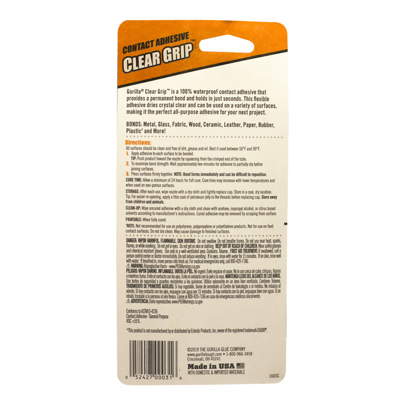 Gorilla Clear Grip High Strength Clear Contact Adhesive 3 oz, Pack of 6