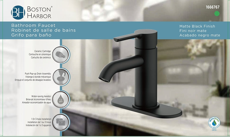 Boston Harbor FS6A0128BL Lavatory Faucet, 1.2 gpm, 1-Faucet Handle, 1, 3-Faucet Hole, Metal/Plastic, Matte Black