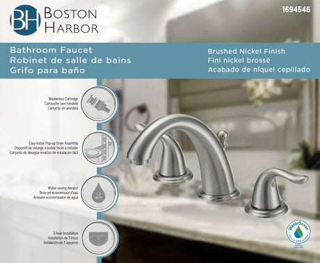 Boston Harbor TQ-FW6B0000NP Lavatory Faucet, 1.2 gpm, 2-Faucet Handle, 3-Faucet Hole, Brass/Plastic/Zinc, Lever Handle