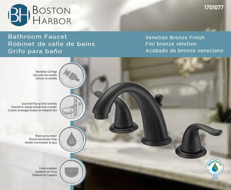 Boston Harbor TQ-FW6B0000RW Lavatory Faucet, 1.2 gpm, 2-Faucet Handle, 3-Faucet Hole, Brass/Plastic/Zinc, Lever Handle