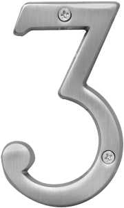 Hy-Ko BR-43SN, Prestige Series BR-43SN/3 House Number, Character: 3, 4 in H Character, Brass, Pack of 3
