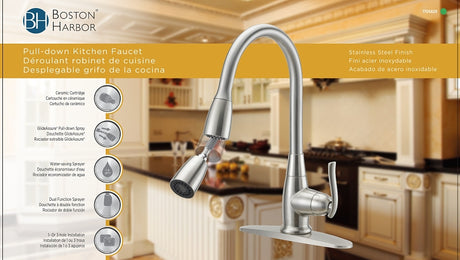 Boston Harbor FP4A0000NP Faucet Pull-Down Kitchen Faucet, 1.8 gpm, 1-Faucet Handle, 1, 3-Faucet Hole, Stainless Steel