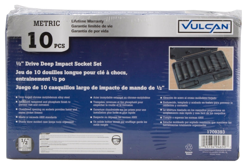 Vulcan MTI10-M Socket Set, Chrome Molybdenum Steel, Tempered Phosphate