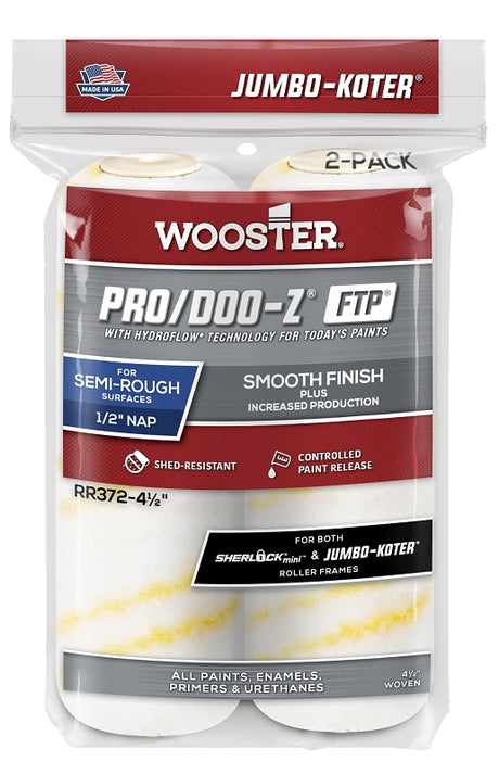 Wooster RR372-4 1/2 Roller Cover, White, 1/2 in Thick Nap, 4-1/2 in L, Fabric Cover