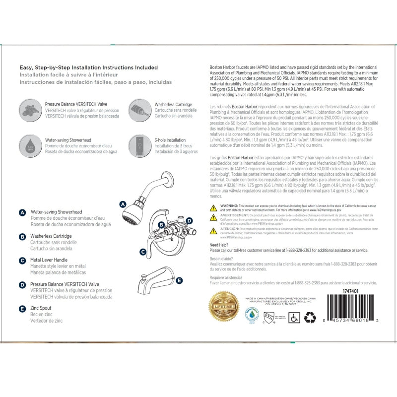 Boston Harbor TQ-F1214517CP Tub/Shower, Fixed Mount Showerhead, 1.75 gpm Showerhead, 1 Spray Settings, 1-Handle