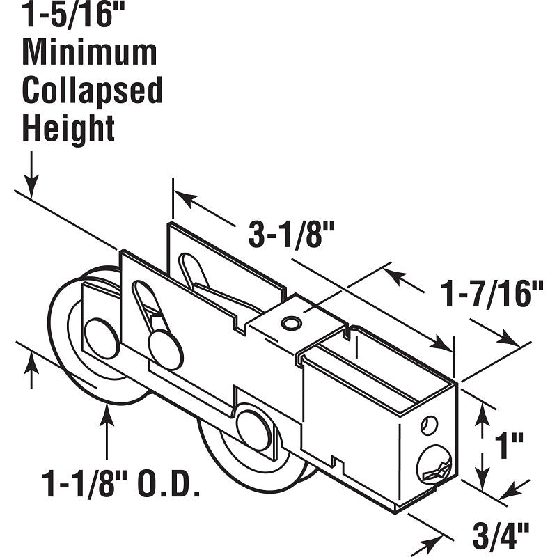 Prime-Line D 1791 Roller Assembly, 1-1/8 in Dia Roller, 5/16 in W Roller, Steel, 2-Roller, Plain Back Mounting