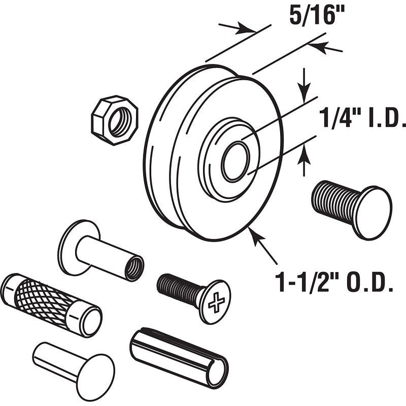 Prime-Line D 1797 Roller and Axle Kit, 1/4 in ID x 1-1/2 in OD Dia Roller, 5/16 in W Roller, Steel, 2-Roller
