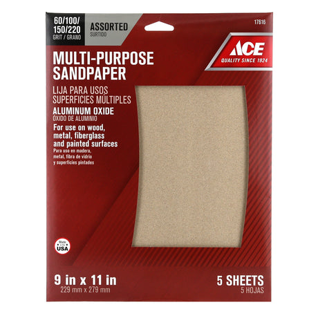 Ace 11 in. L X 9 in. W Assorted Grit Aluminum Oxide Sandpaper 5 pk, Pack of 10