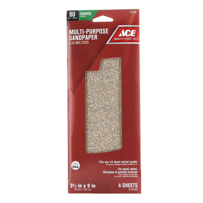 Ace 9 in. L X 3-2/3 in. W 60 Grit Aluminum Oxide Sandpaper 6 pk, Pack of 10