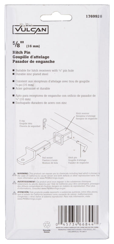 Vulcan HP-58 Hitch Pin, 5/8 in Dia Pin, 5 in OAL, Fits 2 in x 2 in Receiver, Steel, Zinc