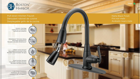 Boston Harbor FP4A0000BL Faucet Pull-Down Kitchen Faucet, 1.8 gpm, 1-Faucet Handle, 1, 3-Faucet Hole, Matte Black