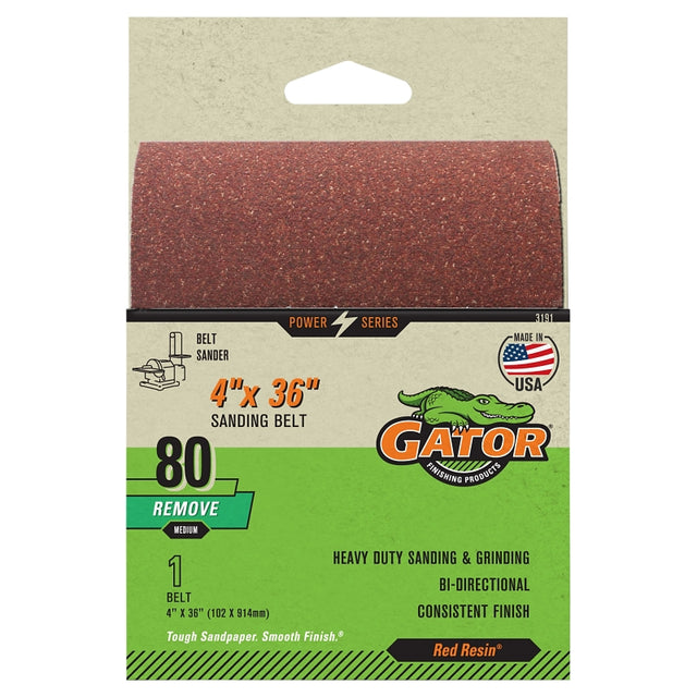 Gator 3191 Sanding Belt, 4 in W, 36 in L, 80 Grit, Medium, Aluminum Oxide Abrasive