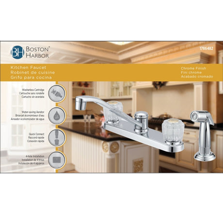 Boston Harbor F8F10041CP Kitchen Faucet, 1.8 gpm, 2-Faucet Handle, 4-Faucet Hole, Metal/Plastic, Chrome, Deck Mounting