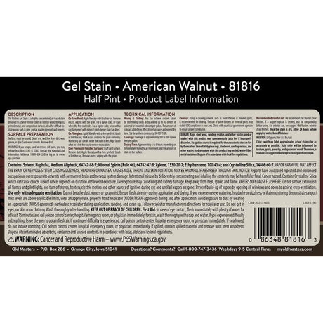 Old Masters Semi-Transparent American Walnut Oil-Based Alkyd Gel Stain 1/2 pt, Pack of 6