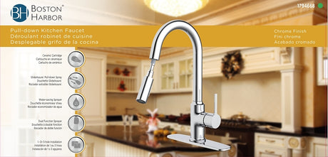 Boston Harbor FP4AF227CP Contemporary Pull-Down Kitchen Faucet, 1.8 gpm, 1-Faucet Handle, 1, 3-Faucet Hole, Chrome