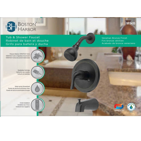Boston Harbor TQ-F1214517RW Tub/Shower, Fixed-Mount Showerhead, 1.75 gpm Showerhead, 1-Spray Setting, 1-Handle