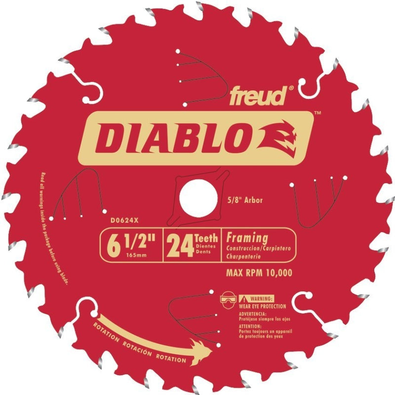Diablo D0624X Circular Saw Blade, 6-1/2 in Dia, 5/8 in Arbor, 24-Teeth, Carbide Cutting Edge