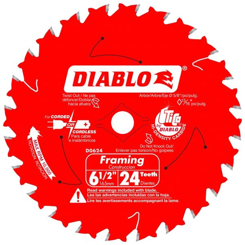 Diablo D0624A Framing Saw Blade, 6-1/2 in Dia, 5/8 in Arbor, 24-Teeth, Carbide Cutting Edge, Pack of 10