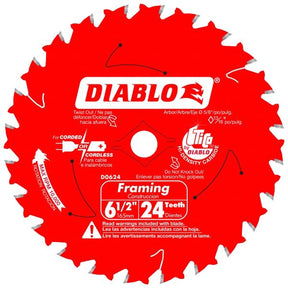 Diablo D0624A Framing Saw Blade, 6-1/2 in Dia, 5/8 in Arbor, 24-Teeth, Carbide Cutting Edge, Pack of 10