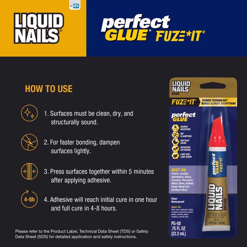 Liquid Nails Fuze-It High Strength Hybrid Adhesive Clear Perfect Glue 0.75 oz