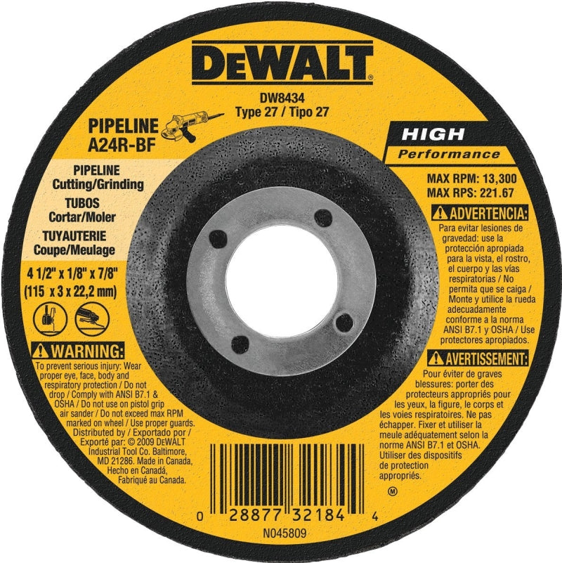 DEWALT DW8434 Grinding Wheel, 4-1/2 in Dia, 1/8 in Thick, 5/8 in Arbor, 24 Grit, Very Coarse, Aluminum Oxide Abrasive