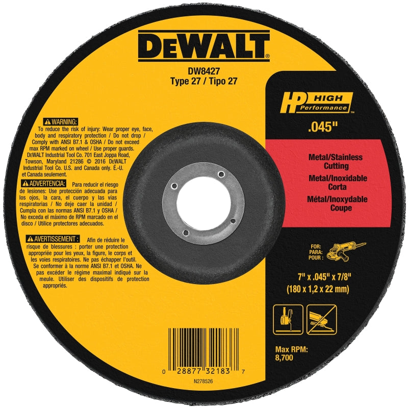 DEWALT DW8427 Cutting Wheel, 7 in Dia, 0.045 in Thick, 7/8 in Arbor, Medium, Aluminum Oxide Abrasive