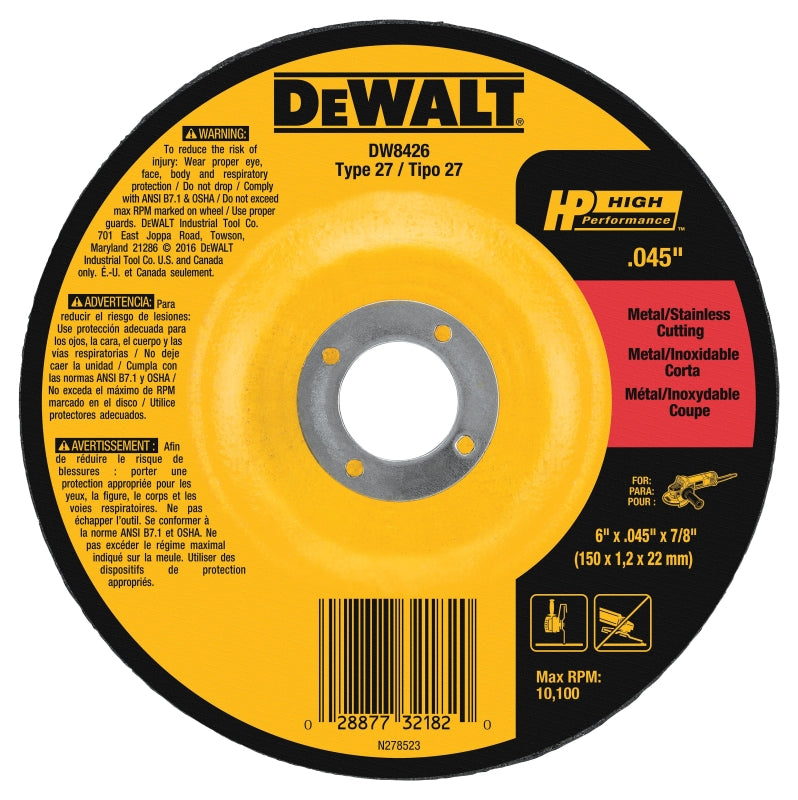 DEWALT DW8426 Cutting Wheel, 6 in Dia, 0.045 in Thick, 7/8 in Arbor, 60 Grit, Medium, Aluminum Oxide Abrasive