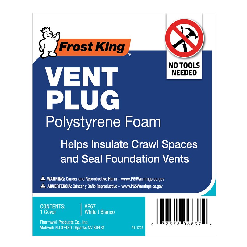 Frost King VP67 Large Foundation Vent Plug, 7-3/4 in H, Polystyrene, White