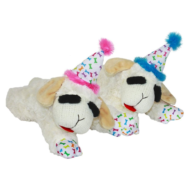 multipet MP48706 Dog Toy, 10-1/2 in, Birthday Lamb Chop with Birthday Hat Dog Toy, Happy Birthday, Polyester