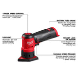Milwaukee M12 FUEL 2531-20 Orbital Detail Sander, Tool Only, Sponge Pad/Disc, 14,000 opm Load Speed