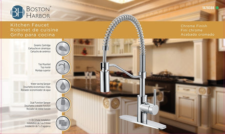 Boston Harbor FP4A0096CP Spring Pull-Down Kitchen Faucet, 1.8 gpm, 1-Faucet Handle, 1, 3-Faucet Hole, Chrome