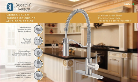 Boston Harbor FP4A0096NP Spring Pull-Down Kitchen Faucet, 1.8 gpm, 1-Faucet Handle, 1, 3-Faucet Hole, Stainless Steel